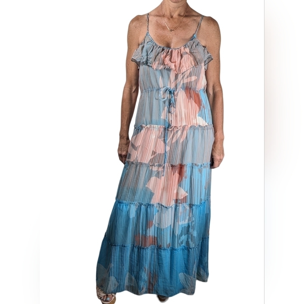 Ali Ro Silk Pleated Tiered Maxi Dress Floral Boho Size 4